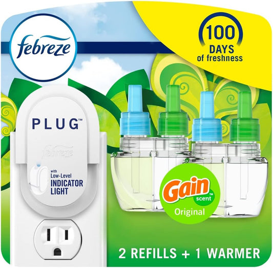 Febreze Plug In Air Freshener. Odor-Fighting Scented Oil Starter Kit. Air Fresheners for Home and Bathroom and Kitchen. Long Lasting for Strong Odors. Gain Original Scent. Warmer + 2 Refill