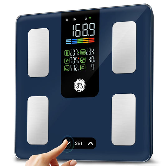 GE Scale for Body Weight Smart: Digital Bathroom Body Fat Scales 500lbs for BMI Muscle Bluetooth Smart Weight Monitor 11.8 Large Platform Weighing Machine Health Analyzer with App Dark Blue