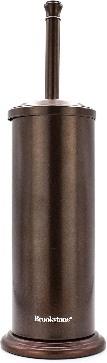 BROOKSTONE. Bronze Metallic Toilet Brush with Holder. Long Handle for Deep Bowl Cleaning. [Splash Protective Disc]. Stylish Modern Space Saving Design. Leakproof Inner Container