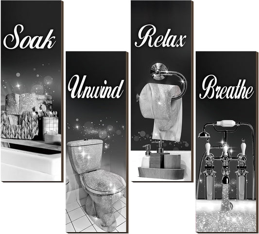 Honoson 4 Pcs Bathroom Decor Wall Art Farmhouse Bathroom Pictures Wall Decor Soak Unwind Relax Breathe Wood Hanging Sign for Home Spa Laundry(Black and Silver)
