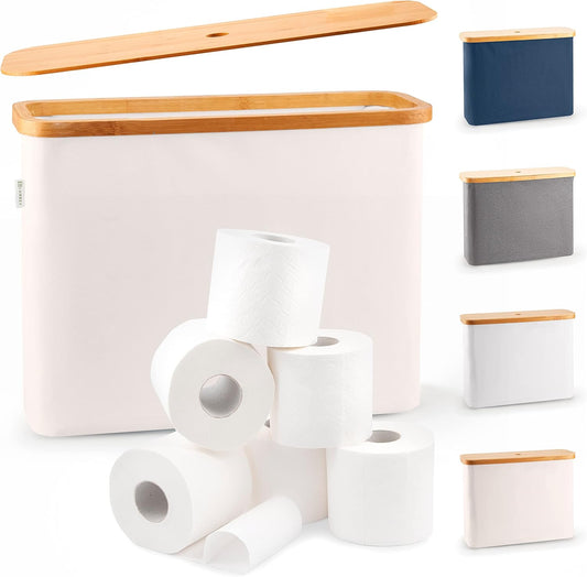 LONBET Toilet Paper Storage for 12 Rolls. Stackable & Foldable - The Ultimate Bathroom Organizer - Waterproof Basket with Bamboo Lid - Elegant Toilet Paper Storage Holder. Beige
