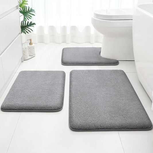 HOMEIDEAS Upgraded Bathroom Rugs Set 3 Piece. Extra Thick Absorbent Soft Memory Foam. Washable Toilet Bath Mat (Grey.17x24+20x32+U Shape 20x24)