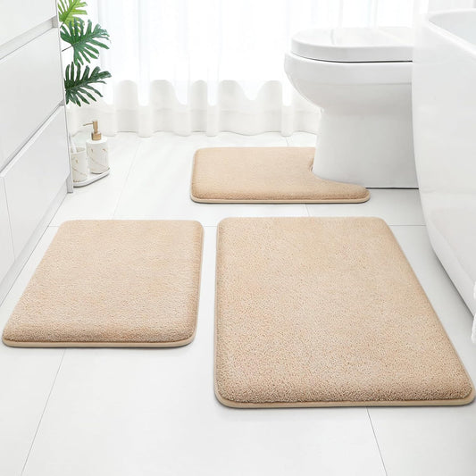 HOMEIDEAS Upgraded Bathroom Rugs Set 3 Piece. Extra Thick Absorbent Soft Memory Foam. Washable Toilet Bath Mat (Grey.17x24+20x32+U Shape 20x24)