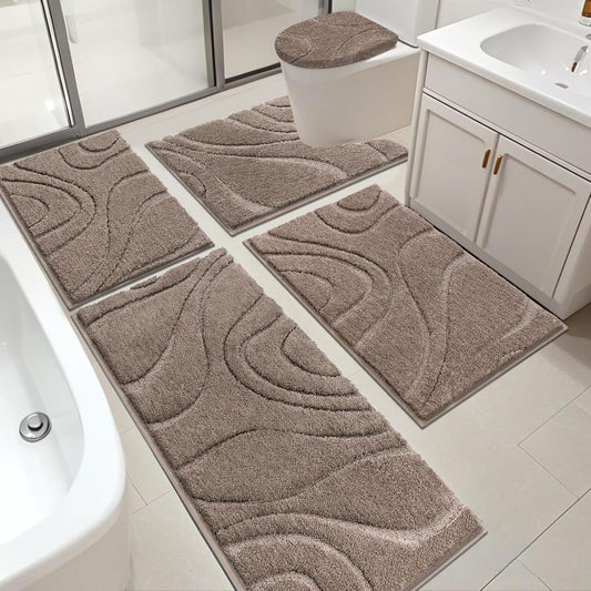 HEBE Bathroom Rugs Sets 5 Piece. Soft Absorbent Microfiber Bath Mat for Bathroom. Non Slip Washable Bath Rug Set with Toilet Cover. Bath Runner and U-Shaped Contour Toilet Rug. Coffee